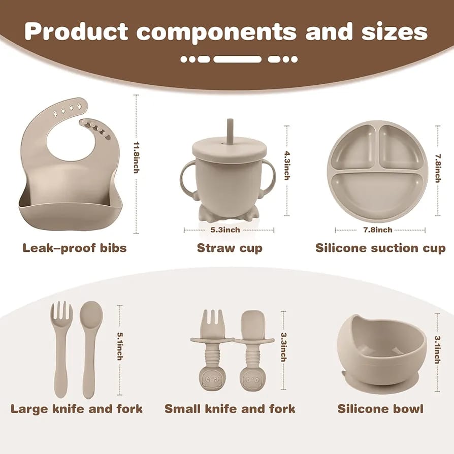 Silicone Suction Feeding Baby Set 5 Pieces - grey
