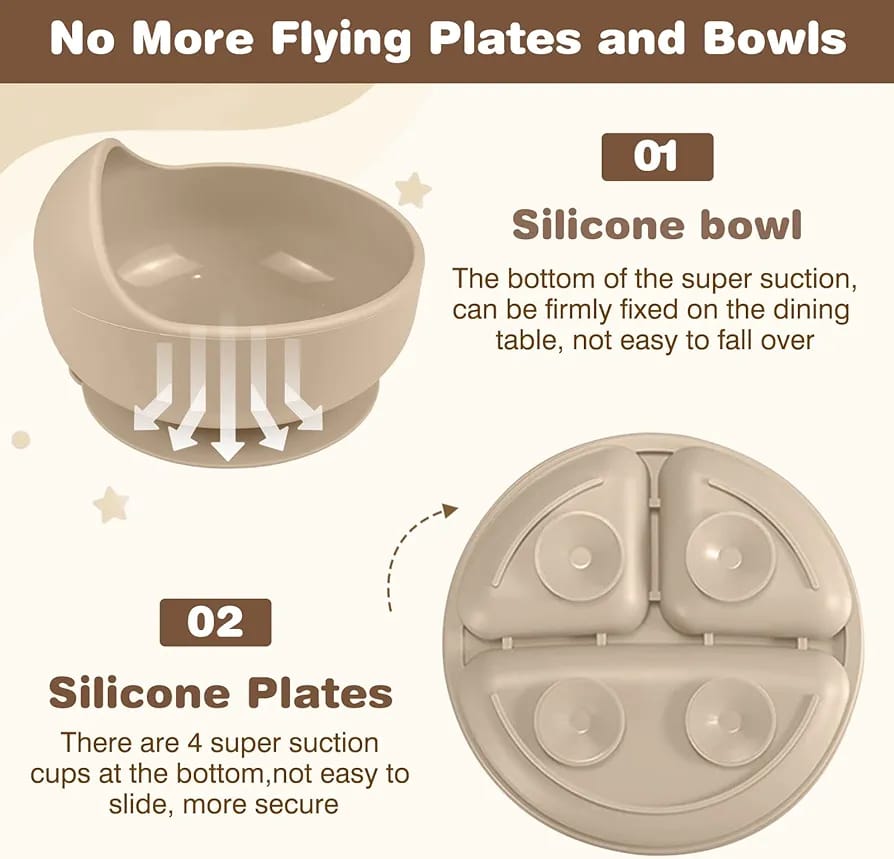 Silicone Suction Feeding Baby Set 5 Pieces - grey