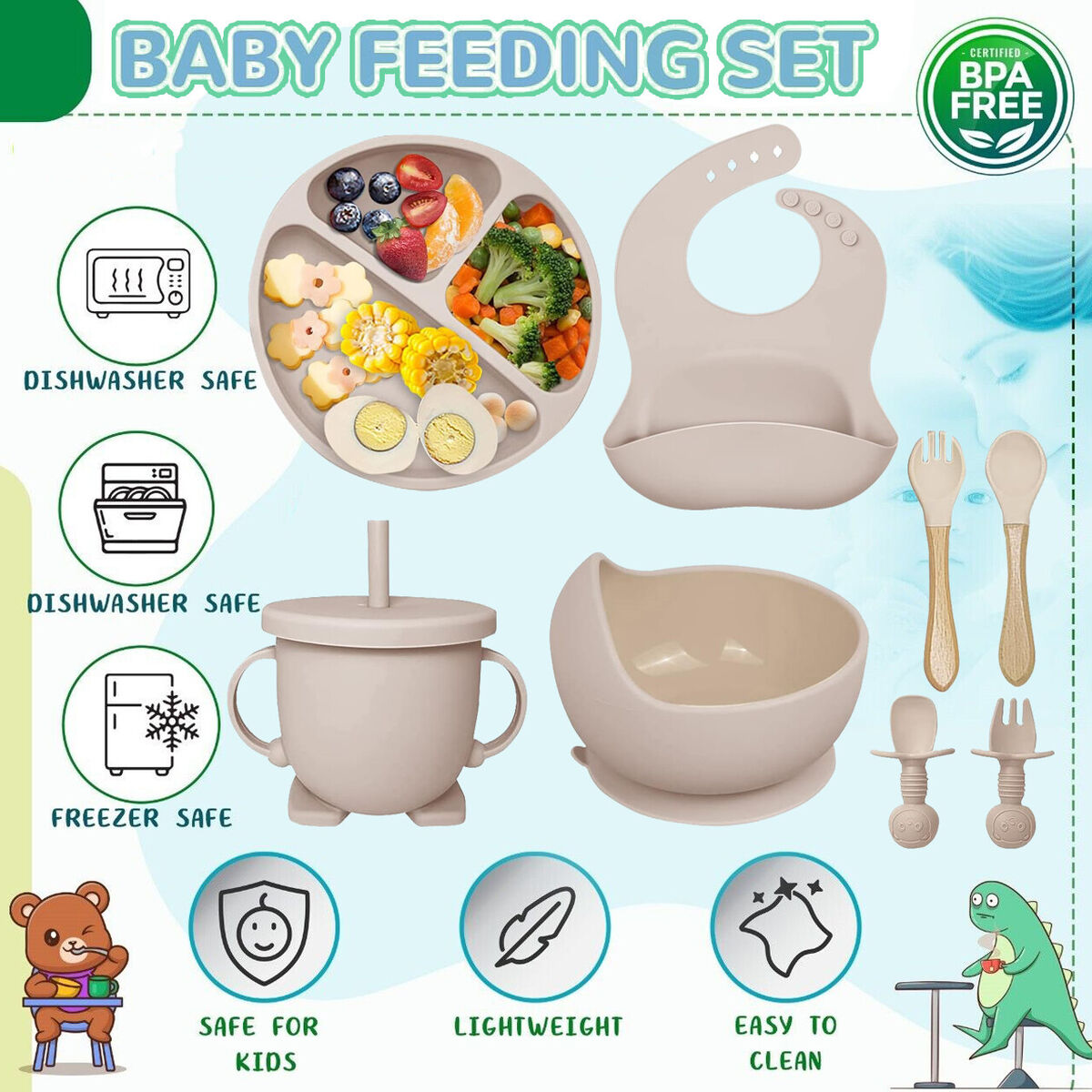 Silicone Suction Feeding Baby Set 5 Pieces - grey