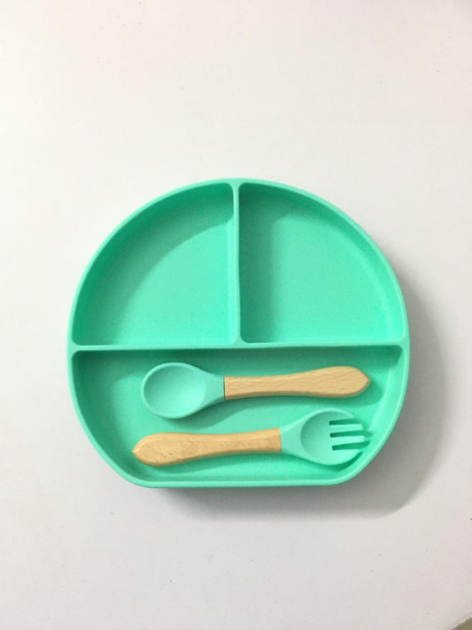 Silicone suction plate with spoon & fork  - Sea green
