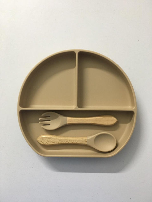 Silicone suction plate with spoon & fork  - Brown