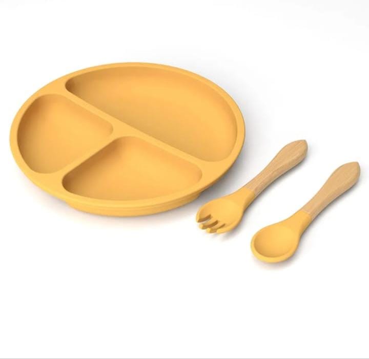 Silicone suction plate with spoon & fork  - yellow