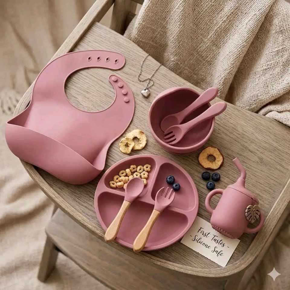 Silicone Suction bowl and bib with spoon and fork - CUP - Dusty Blue