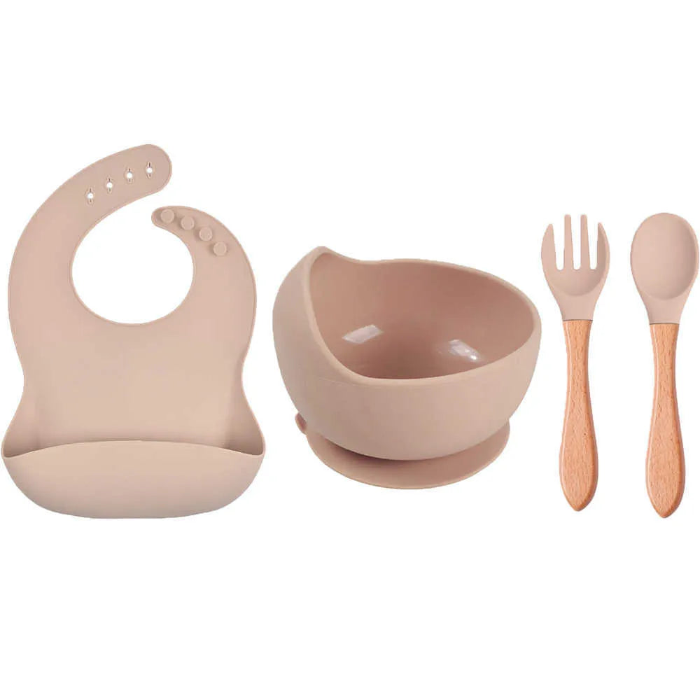 Silicone Suction bowl and bib with spoon and fork - Marble