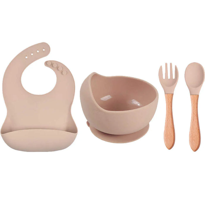 Silicone Suction bowl and bib with spoon and fork - Brown