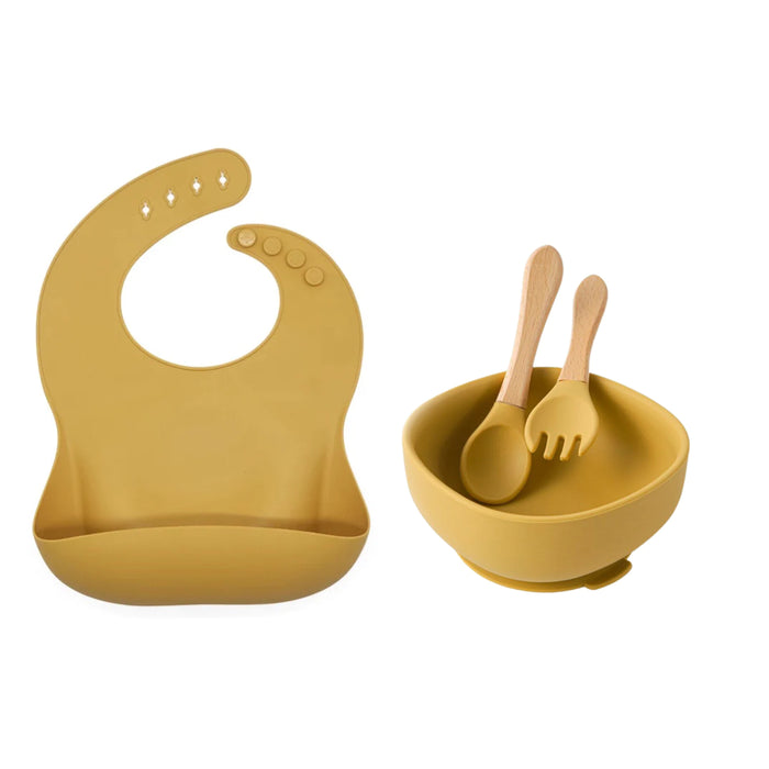 Silicone bowl and bib with spoon and fork
