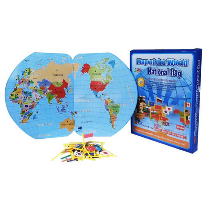 Educational Wooden World Map with 36 National Flags for Montessori Kids