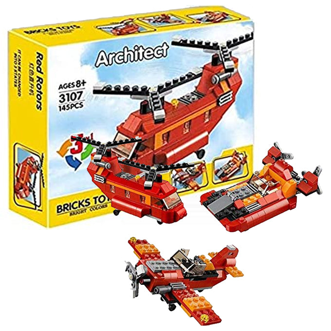 Decool Architect Creator - 3 in 1 - Red Rotors Helicopter Building Blocks Set - 3107