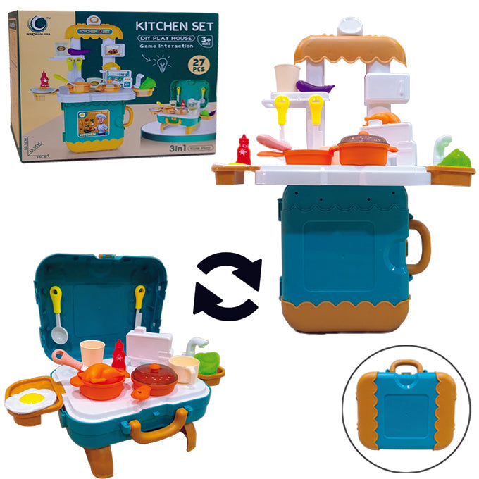 DIY 3 in 1 Portable Kitchen Set Play House Briefcase 27 Pcs