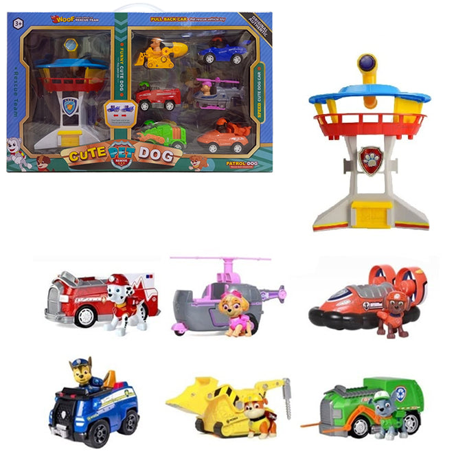 Paw Patrol Cute Pet Dog Special Rescue Mission Toy Pretend Play Set for Kids 6 Pull Back Cars With Tower