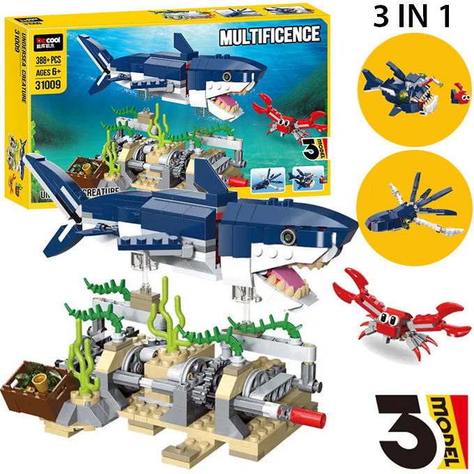 3 in 1 Undersea Creative Series Marine Animal Building Blocks 31009 Squid Great White Bricks Toys 388+ Pcs